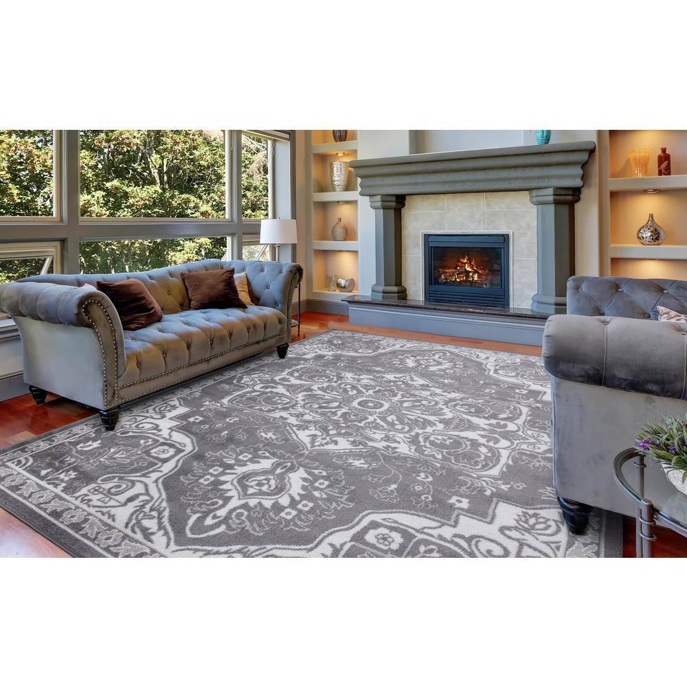 Concord Global Trading Concord Global Jefferson Collection Vintage Area Rug Grey/Ivory 6'7"x9'3" 7' x 9' Bedroom
