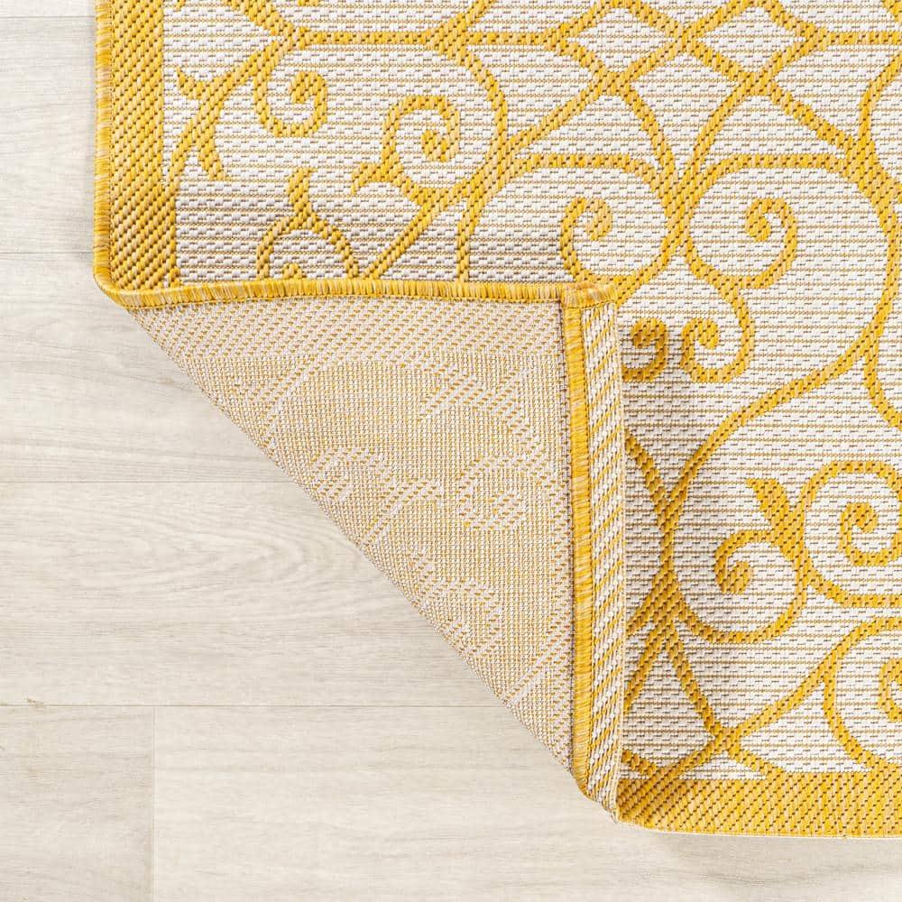 5' x 5' Madrid Vintage Filigree Textured Weave Indoor/Outdoor Area Rug, Cream/Yellow - JONATHAN Y