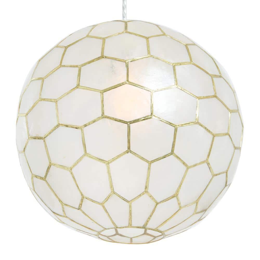 Storied Home 14"x13" Capiz Honeycomb Globe Pendant Light Capiz White Seashells Antique Gold: ETL Listed, Iron Frame, No Bulbs Included