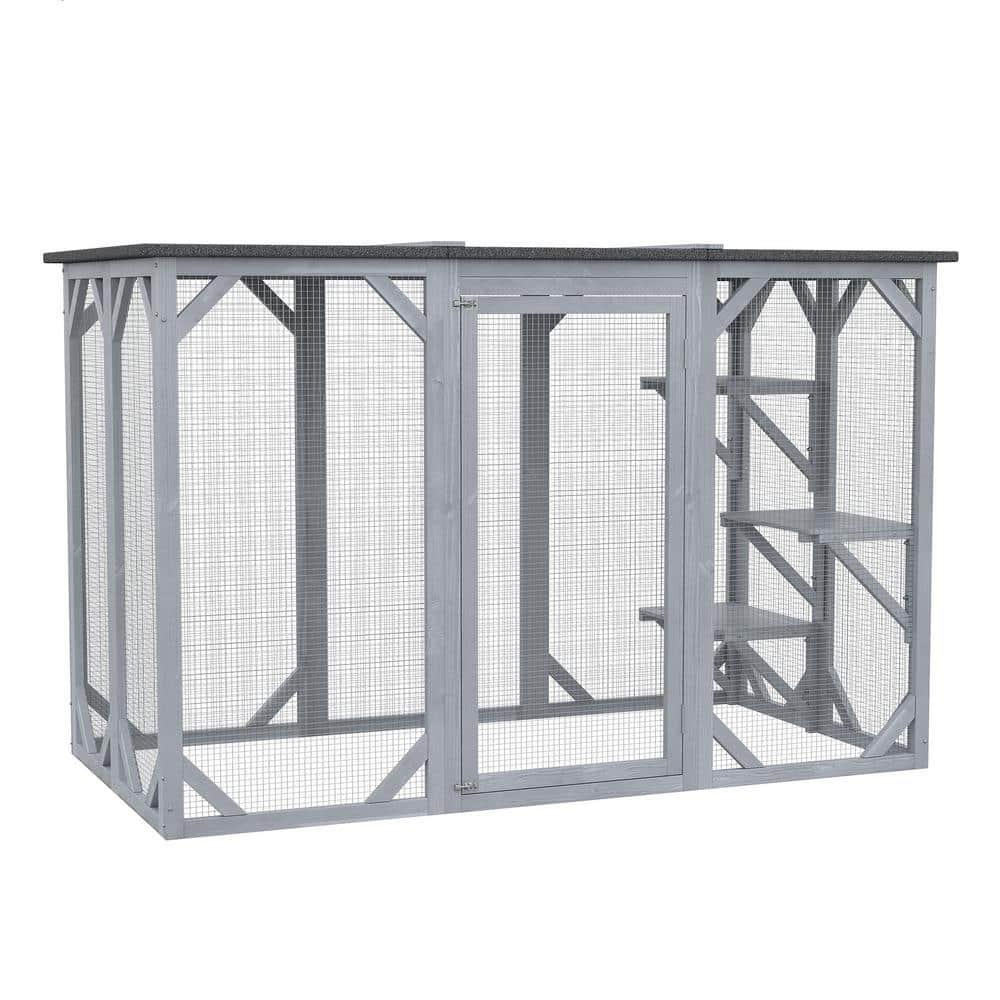 PawHut Outdoor Cat House, Catio Wooden Feral Cat Shelter, Cat Cage with Platforms, Large Enter Door, Weather Protection Asphalt Roof, 71" L, Gray