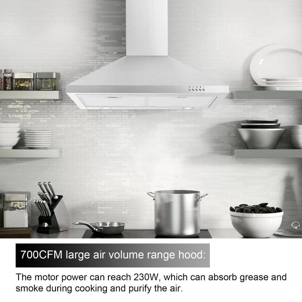 FIREGAS Range Hood 30 inch Wall Mount Type with Ducted/Ductless Convertible, 450 CFM Stainless Steel Chimney-Style Kitchen Hood, Over Stove Vent Hood with 3 Speed Fan, LED Light, Charcoal Filters