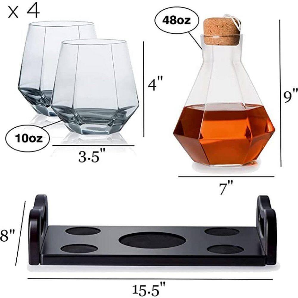 J&V TEXTILES 6-Piece Italian Crafted Glass Decanter & Whisky Glasses Set, Elegant Whiskey Decanter with Ornate Stopper Wooden Base and 4 Exquisite Cocktail Glasses