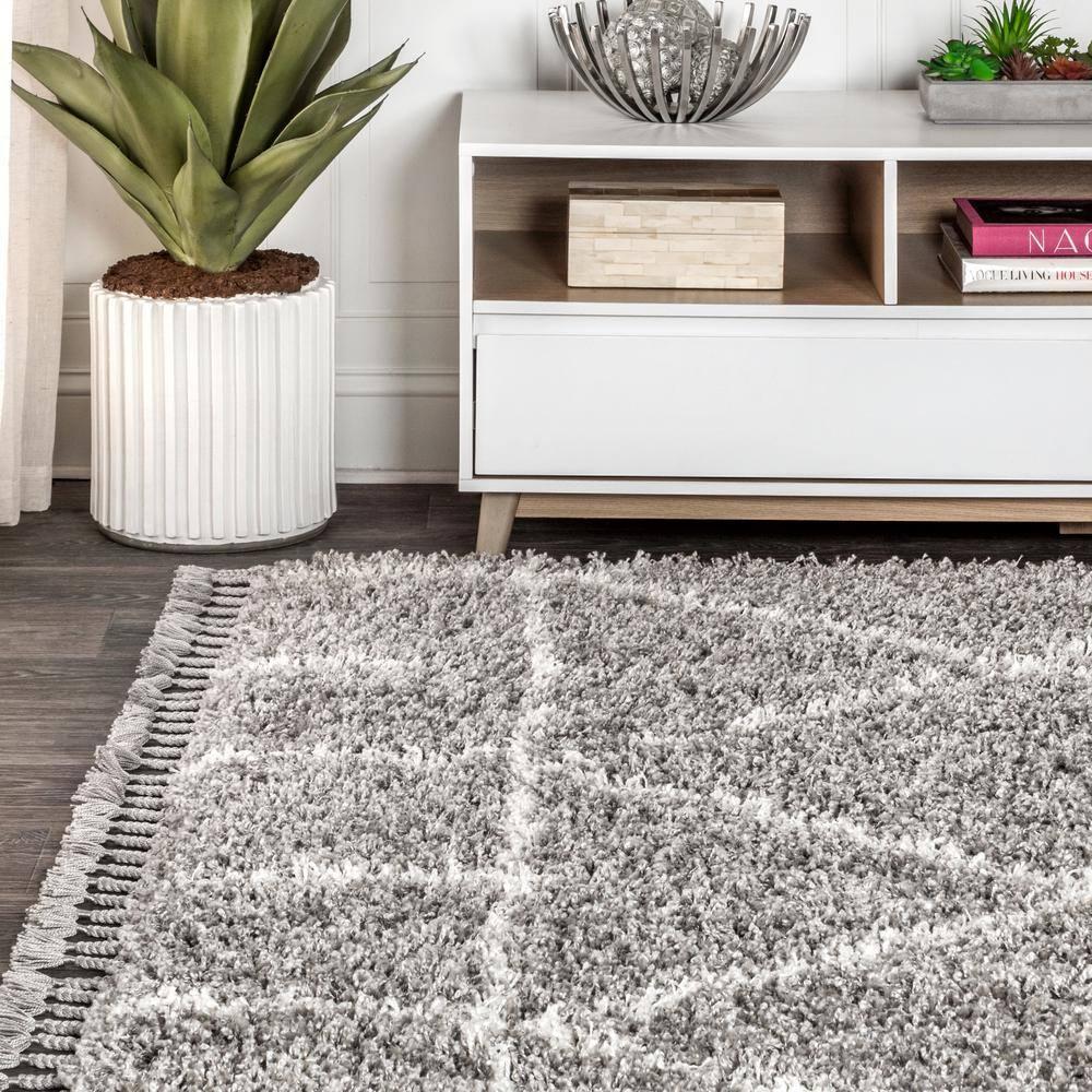 5'x8' Mercer Shag Plush Tassel Moroccan Geometric Trellis Area Rug, Grey/Cream - JONATHAN Y