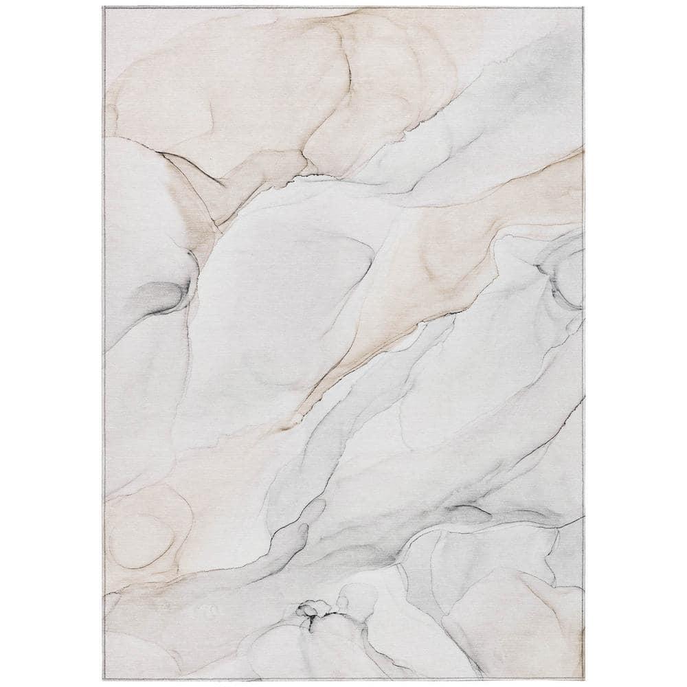 Ivory and Beige Watercolor Pattern Washable Synthetic Rug 8' x 10'