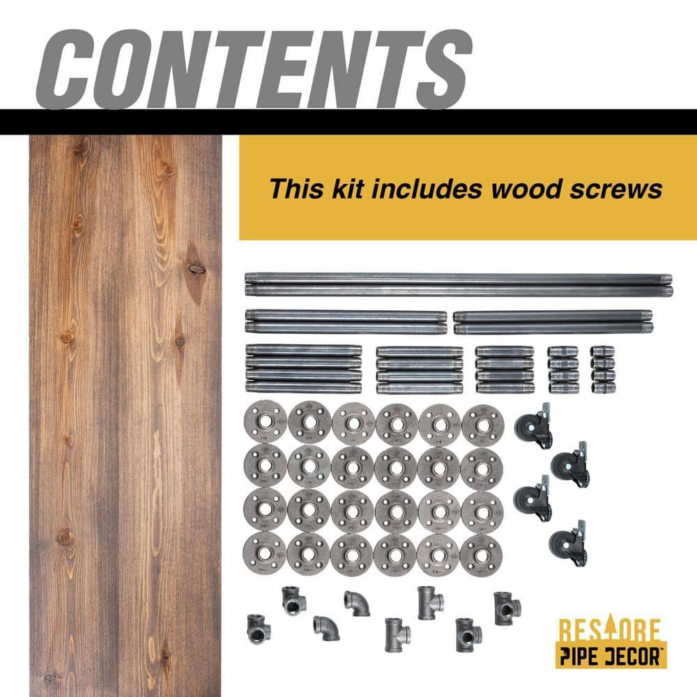 PIPE DECOR Restore by  Industrial 3 Tier Solid Wood & Steel Pipe Bar Cart with Wheels Trail Brown