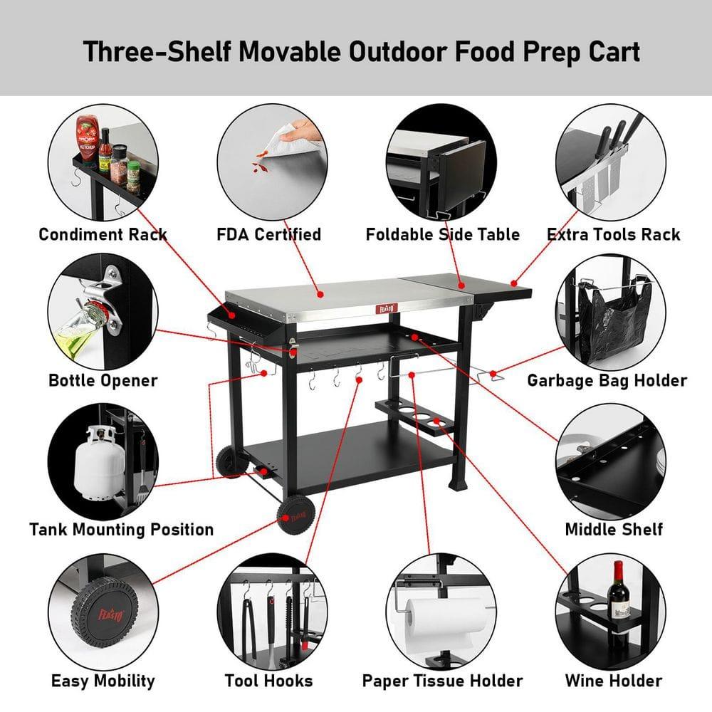 Feasto 3-Tier Stainless Steel Grill Cart - 40" Outdoor Pizza Oven Stand with Wheels, Mobile Kitchen Island for BBQ & Food Prep