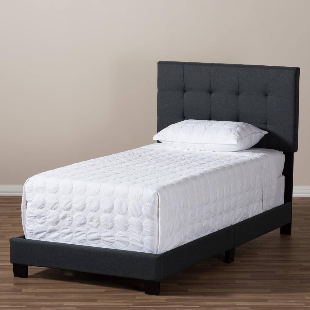 Twin Brookfield Modern and Contemporary Fabric Upholstered Bed Black - Baxton Studio: Charcoal Polyester, Grid-Tufting Design, Solid Wood Legs