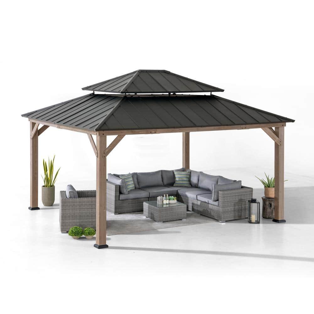 Sunjoy Sunjoy 13 x 15 ft. Wood Gazebo, Outdoor Patio Steel Hardtop Gazebo, Cedar Framed Wooden Gazebo with 2-Tier Metal Roof, Suitable for Patios, Lawn and Backyard