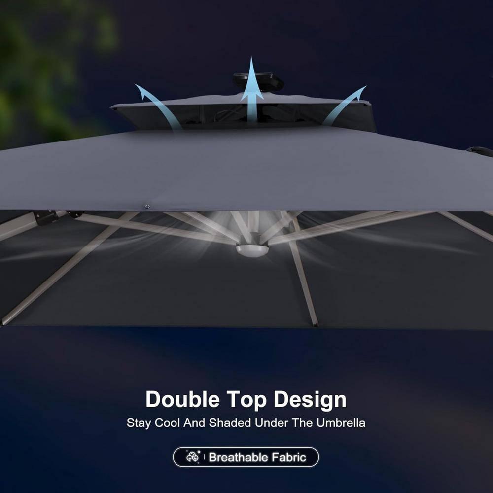PURPLE LEAF 11FT Square Double Top Deluxe Solar Powered LED Patio Umbrella Outdoor Cantilever Umbrella, Gray