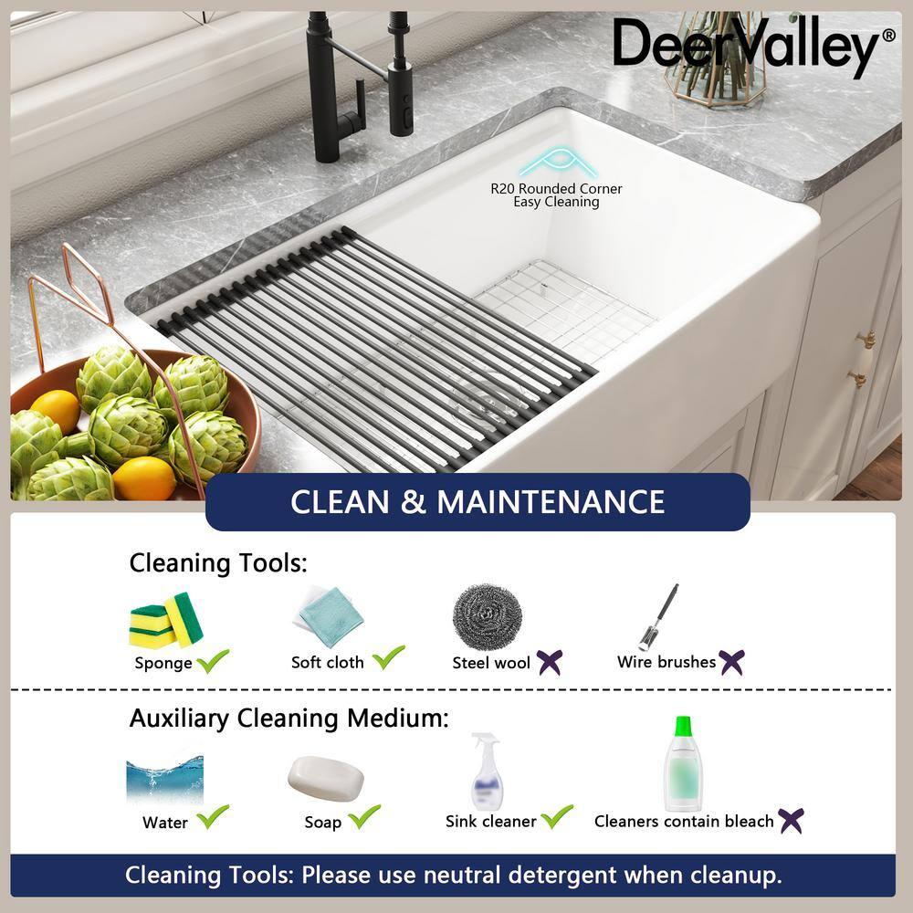 DeerValley 33" L X 20" W Single Basin Workstation Farmhouse Kitchen Sink With Sink Grid, Cutting Board And Dish-Drying Rack