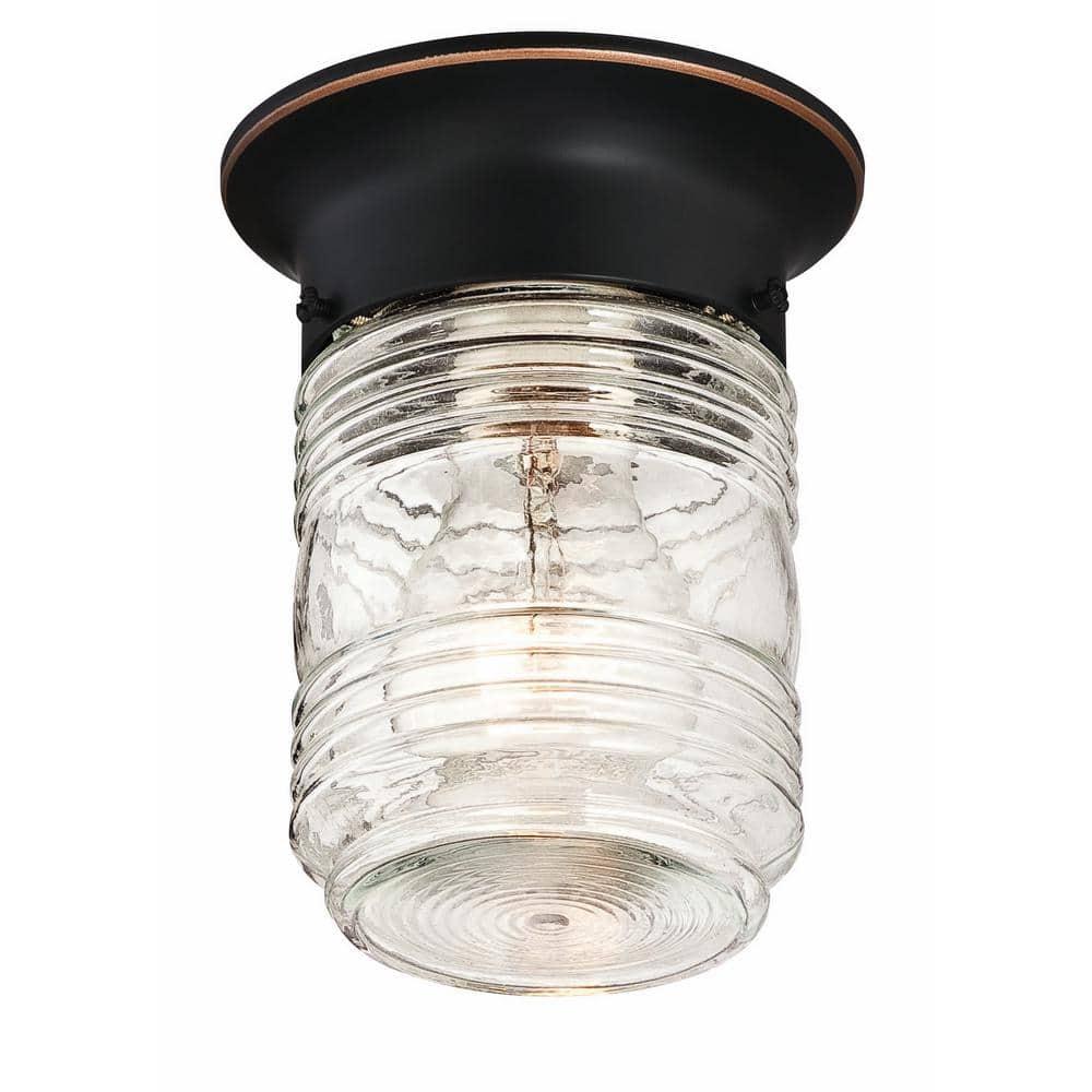 Design House Jelly Jar 1-Light Indoor/Outdoor Flush Mount Ceiling Light with Clear Ribbed Glass, Oil Rubbed Bronze