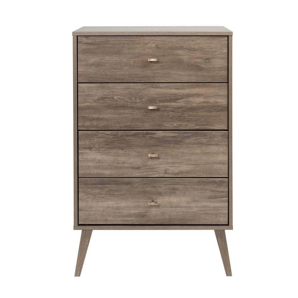 Mid-Century Modern 4 Drawer Chest Drifted Gray - Prepac: Sleek Bedroom Storage, Brass Knobs