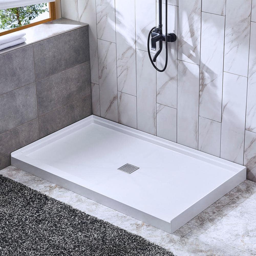 WoodBridge 48" W x 36" Solid Surface Single Threshold Shower Pan Base with Drain Assembly & Drain Cover Included, Non-Slip SBR4836-1000 C