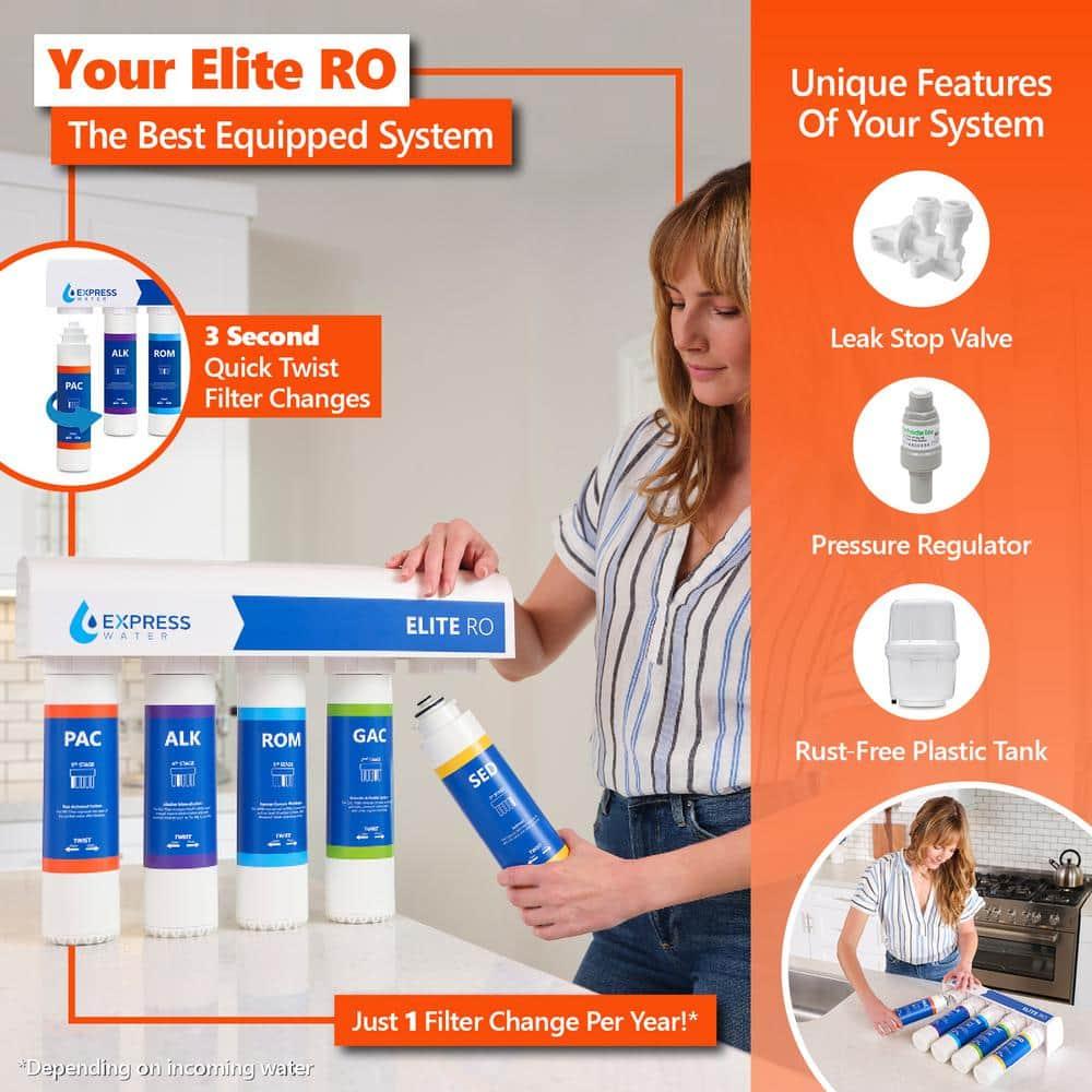 Elite Reverse Osmosis Alkaline Water Filtration System - Quick Twist Filter Change - 9 Stage RO Water Filter - Under Sink Water Filter with Alkaline Filter for added Essential Minerals 100 GPD