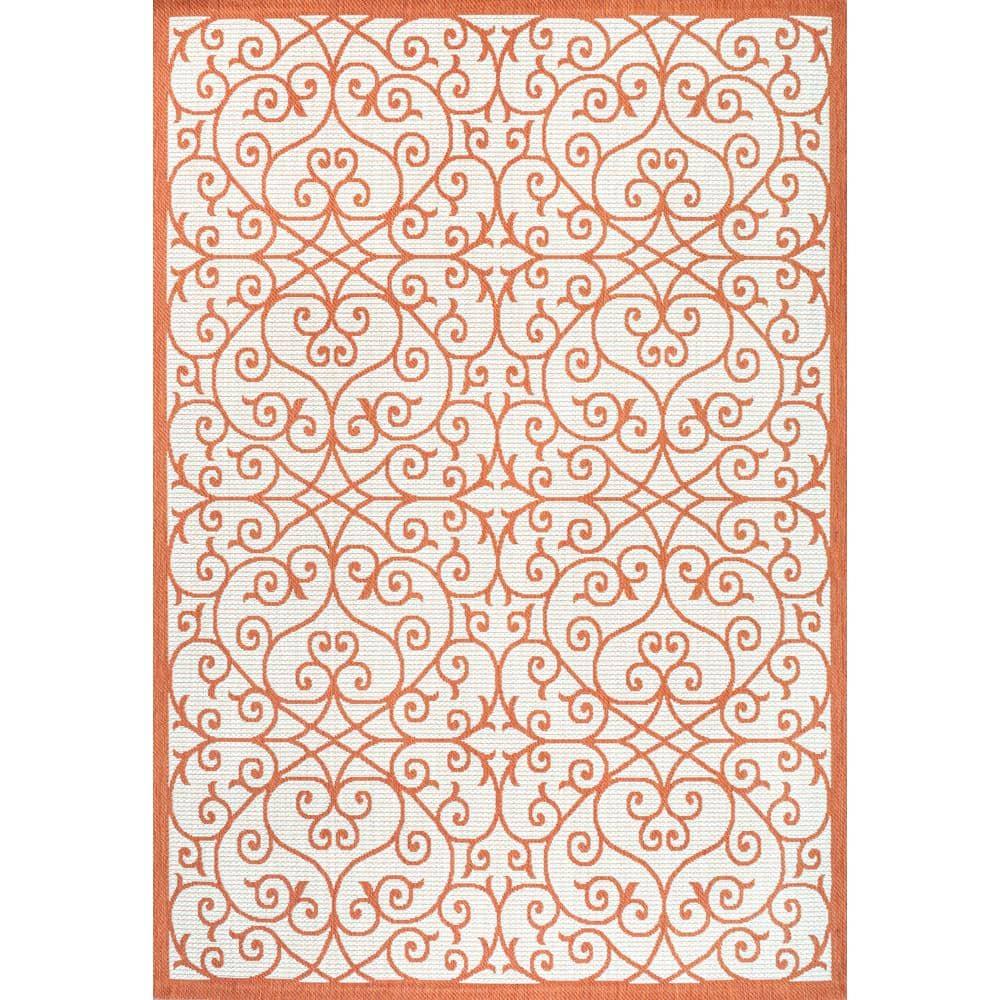 4' x 6' Madrid Vintage Filigree Textured Weave Indoor/Outdoor Area Rug, Cream/Orange - JONATHAN Y