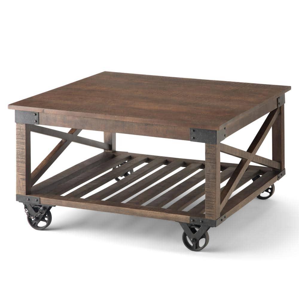 Simpli Home Harding 32"W Solid Mango Wood Industrial Square Coffee Table with Metal Accents, Open Shelf, and Iron Wheels