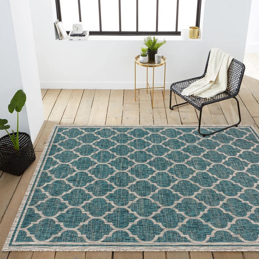 8'x10' Trebol Moroccan Trellis Textured Weave Indoor/Outdoor Area Rug, Teal/Gray - JONATHAN Y