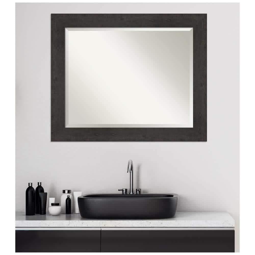 Amanti Art Beveled Bathroom Wall Mirror - Rustic Plank Espresso Frame Outer Size: 33 x 27 in