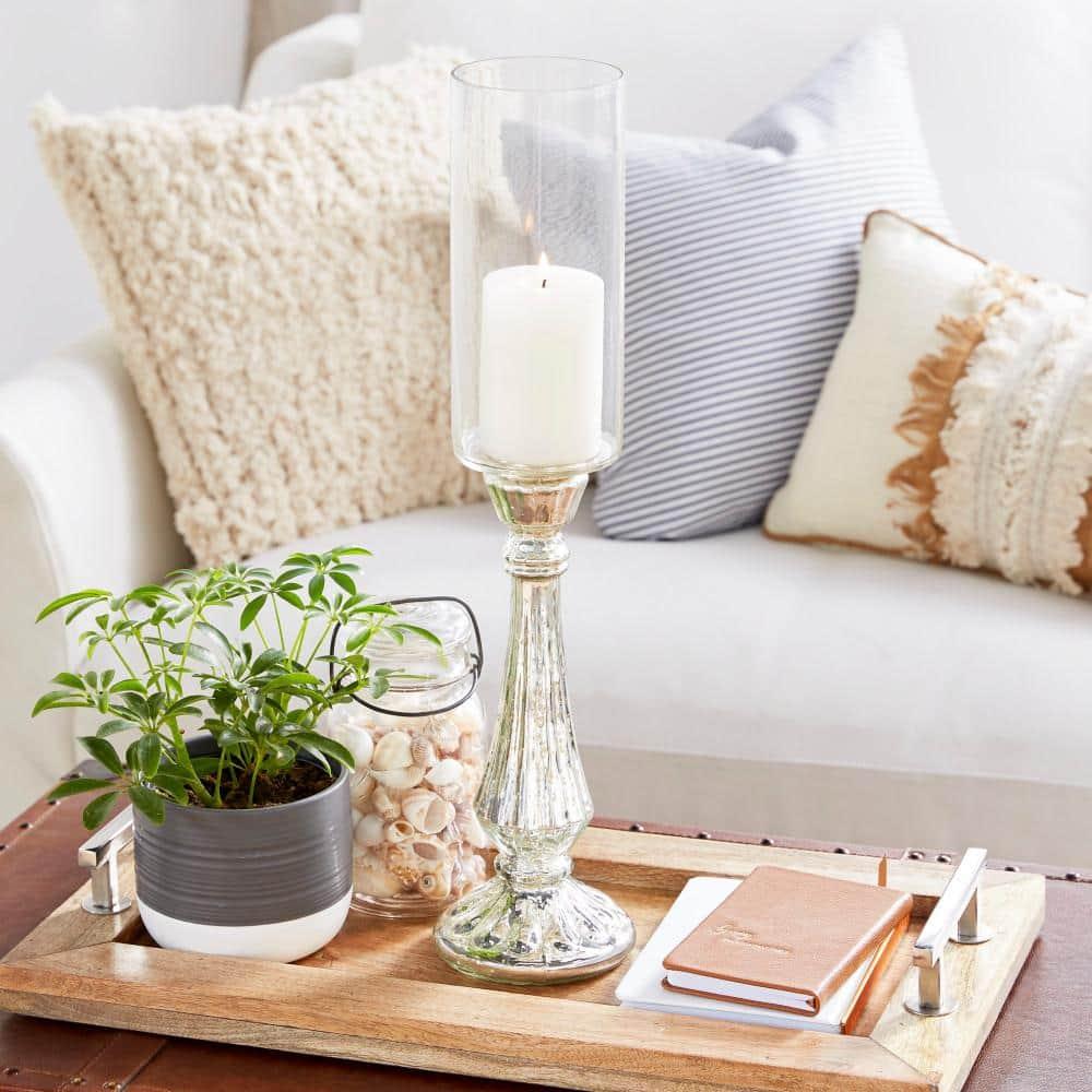 DecMode Silver Glass Handmade Turned Style Pillar Hurricane Lamp with Faux Mercury Glass Finish