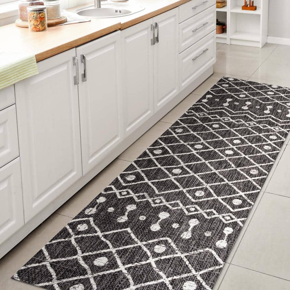 2'x10' Nokat Modern Bohemian Styled Indoor/Outdoor Runner Rug, Black/Ivory - JONATHAN Y