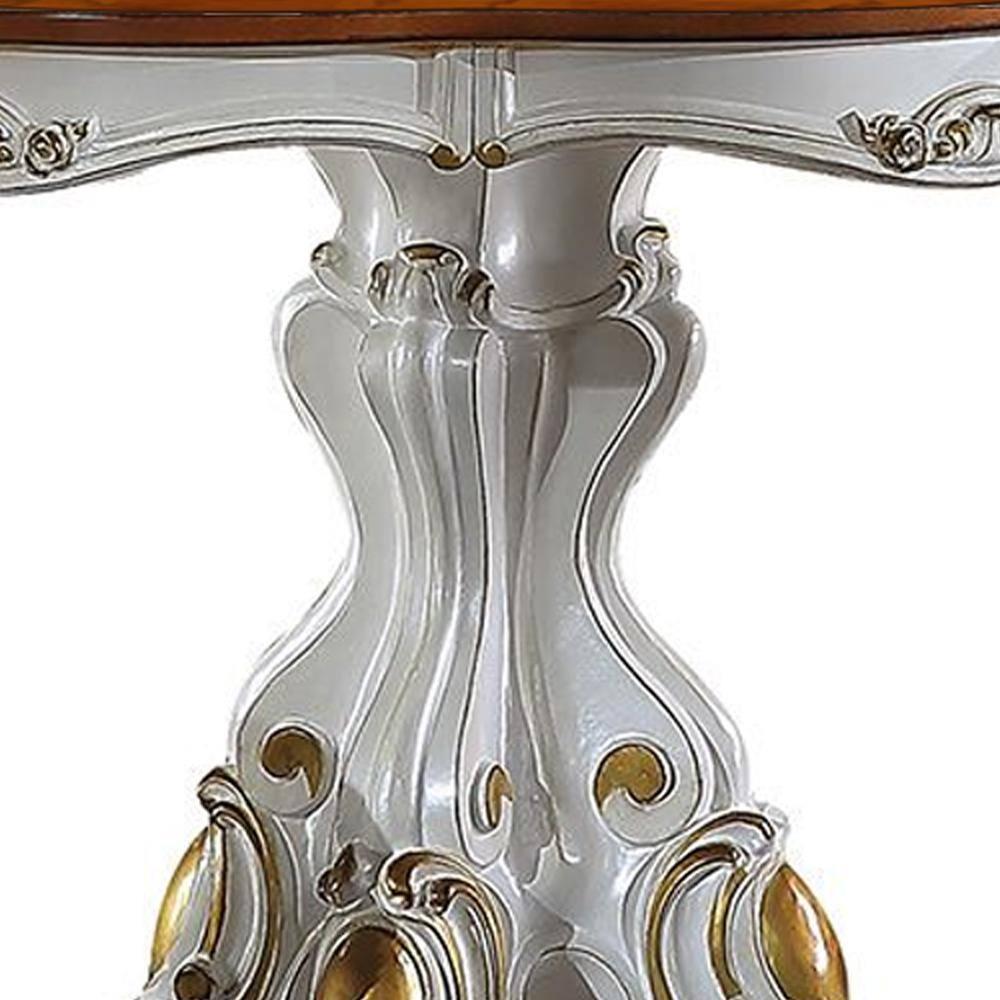 48" Picardy Accent Table Antique Pearl & Cherry Oak - Acme Furniture: Carved Details, Round Shape