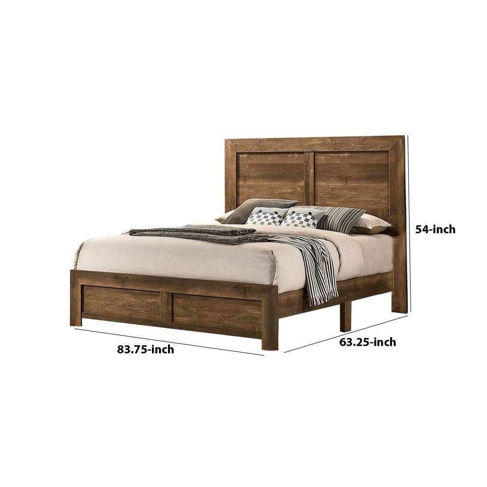 Benjara Rustic Style Wooden Queen Bed with Grain Details, Brown