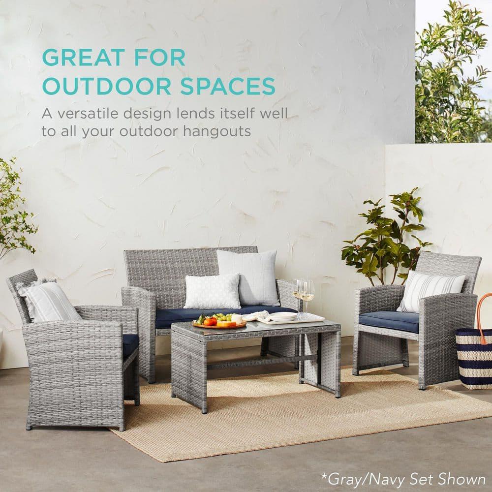 Best Choice Products 4-Piece Outdoor Wicker Patio Conversation Furniture Set w/ Table, Cushions - Natural/Gray