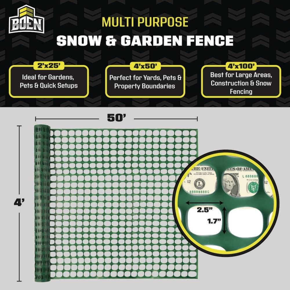 BOEN 4' x 50' Green Temporary Fencing, Mesh Snow Fence, Plastic, Safety Garden Netting, Above Ground Barrier, for Deer, Kids, Swimming Pool, Silt, Lawn, Rabbits, Poultry, Dogs