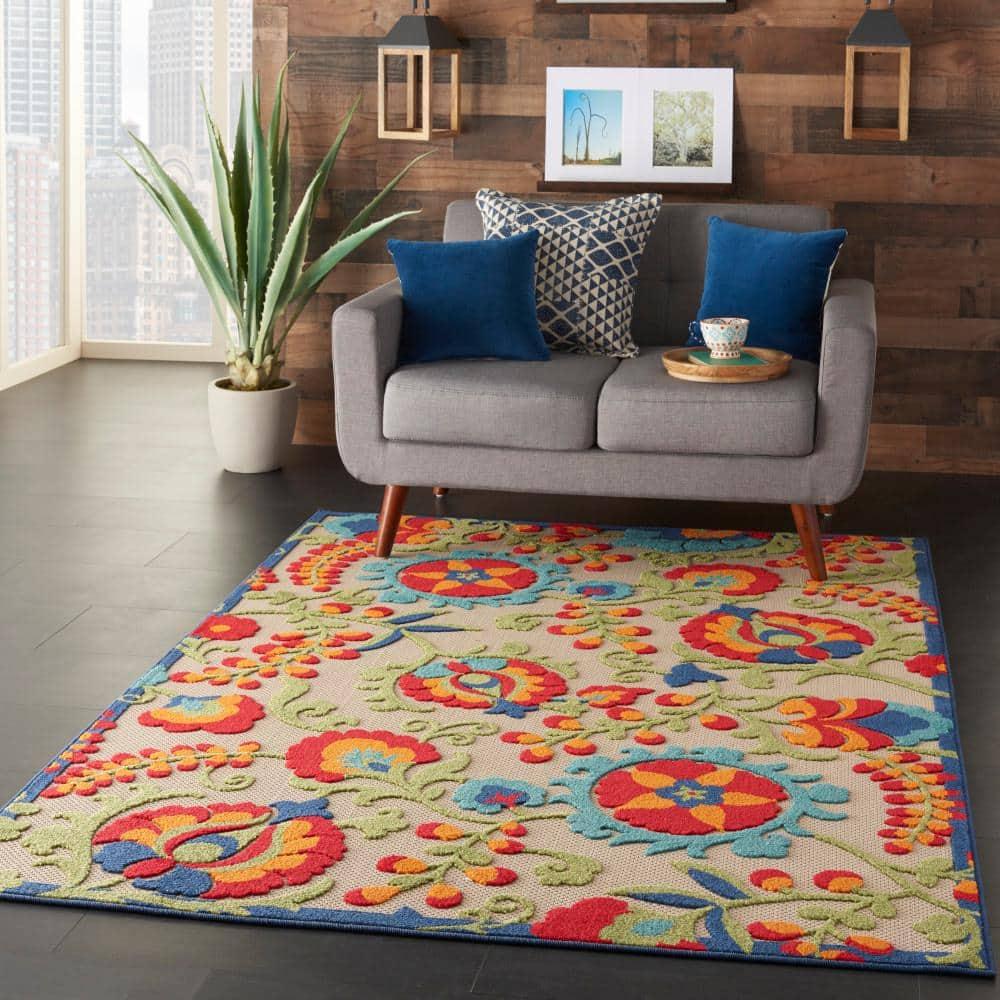 Nourison Aloha Floral Textured Flatweave High-Low Indoor Outdoor Area Rug Multicolor 6' x 9'