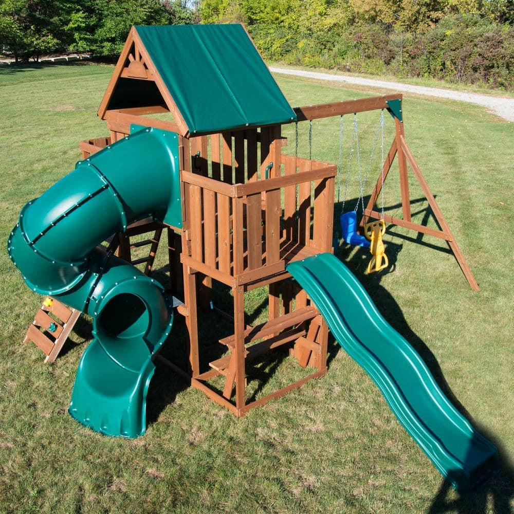Swing-N-Slide Tellico Terrace Wooden Backyard Swing Set with Tube Slide, Wave Slide, Climbing Wall, and Swings