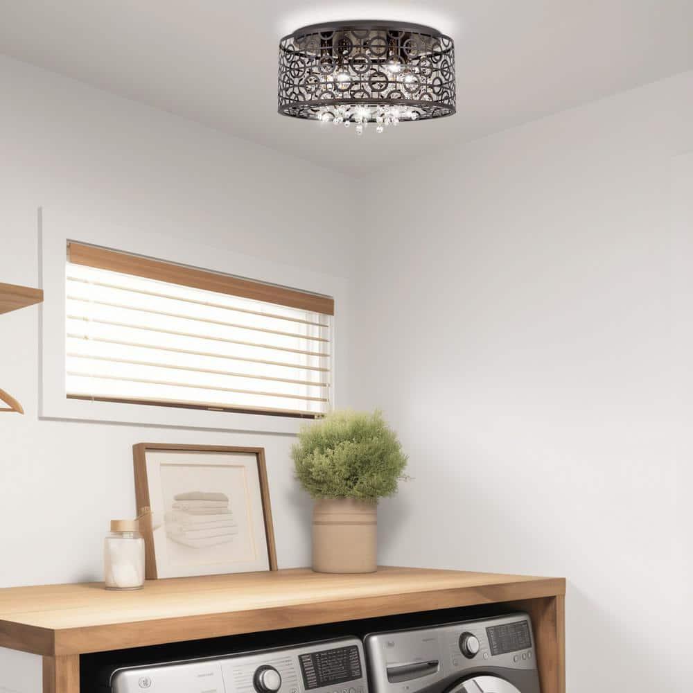 Kira Home Brielle 15" Chic 4-Light Crystal Flush Mount Chandelier + Round Metal Shade, Dimmable, Oil Rubbed Bronze