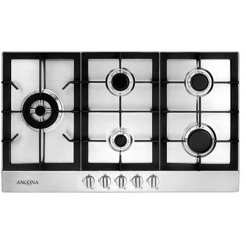Ancona 34" Stainless Steel Recessed Gas Cooktop With 5 Brass Burners