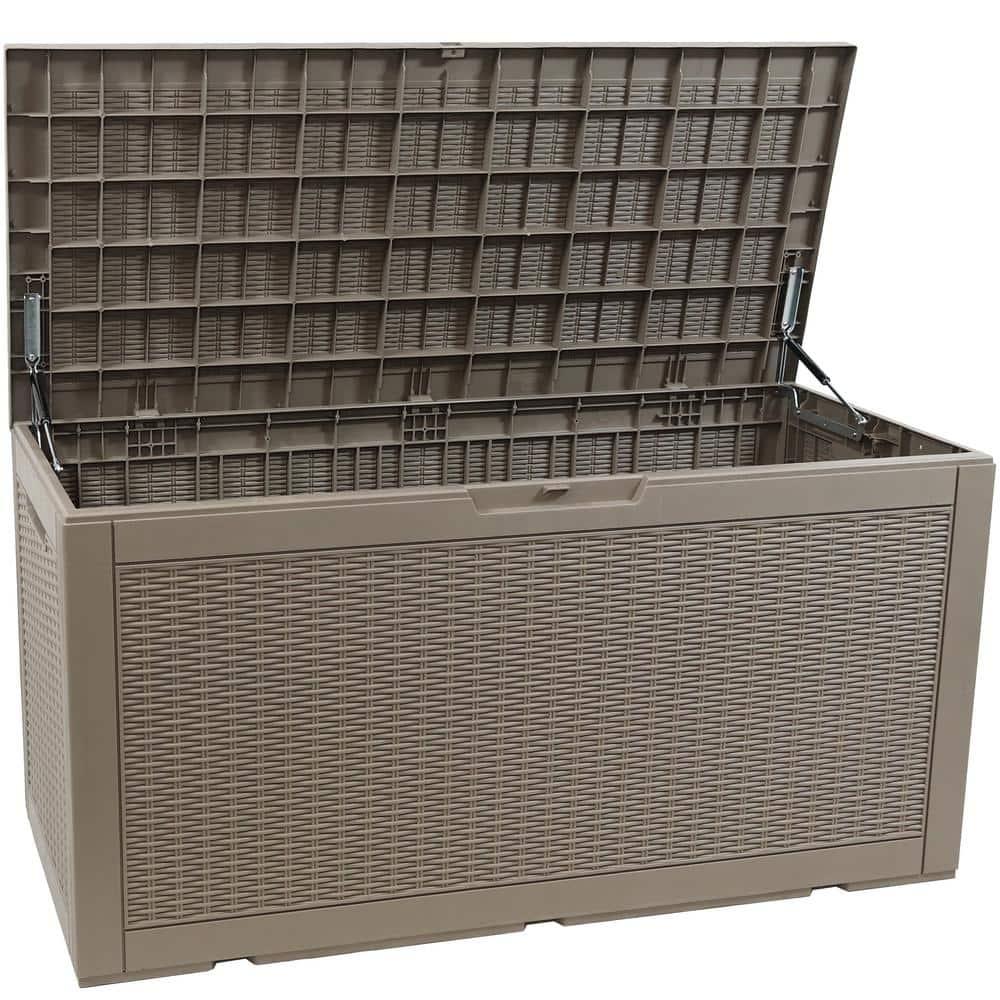 Sunnydaze Outdoor Deck and Patio Storage Box with Rattan Design - 100 Gal. - Driftwood