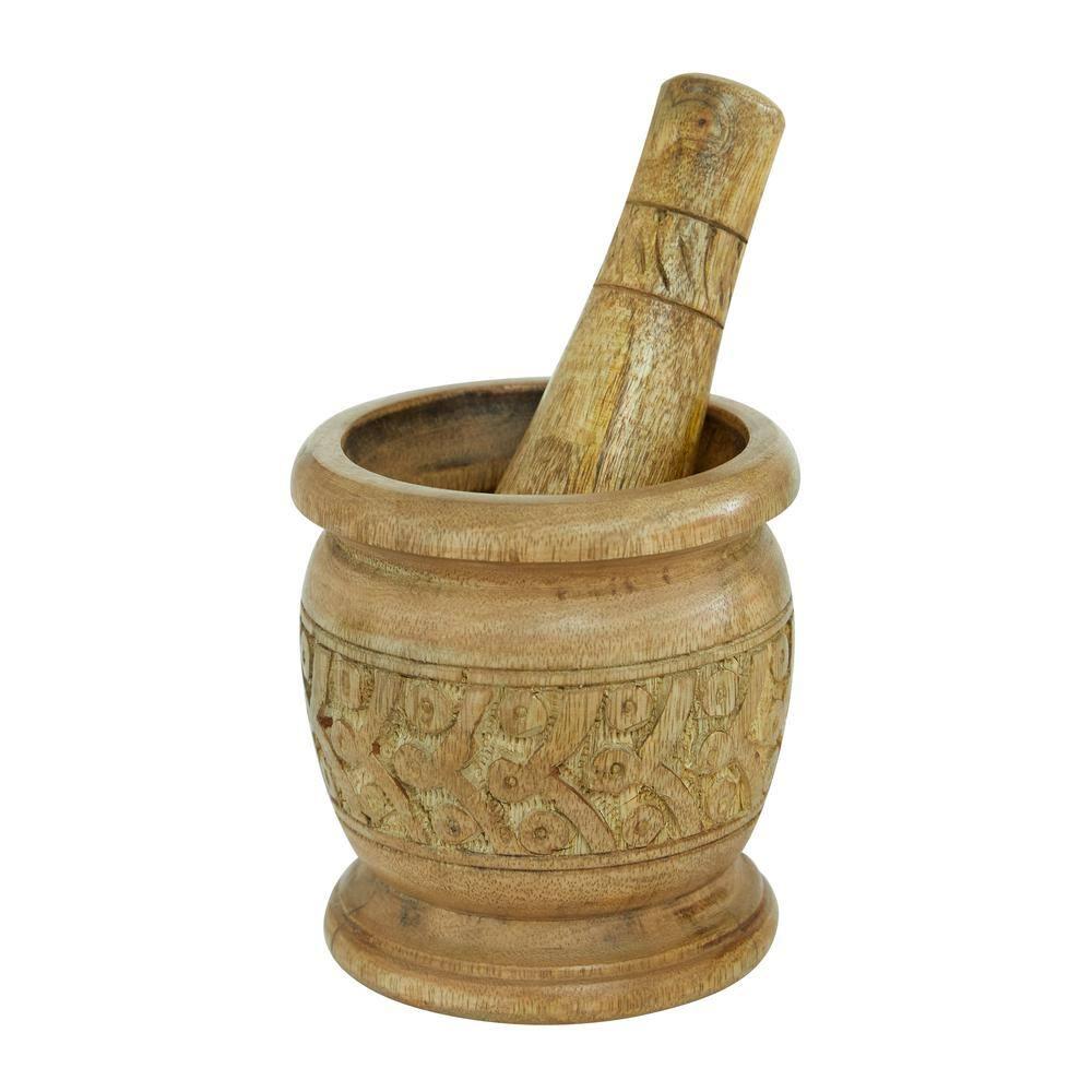 DecMode 8.5", 9", 8"H Wood Country Cottage Mortar and Pestel, Brown, 3 - Pieces