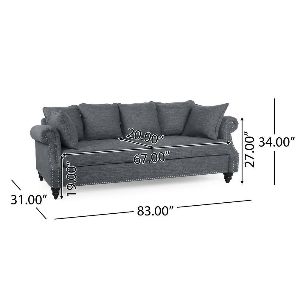 Noble House Viewland Fabric Pillowback 3 Seater Sofa with Nailhead Trim, Charcoal and Dark Brown