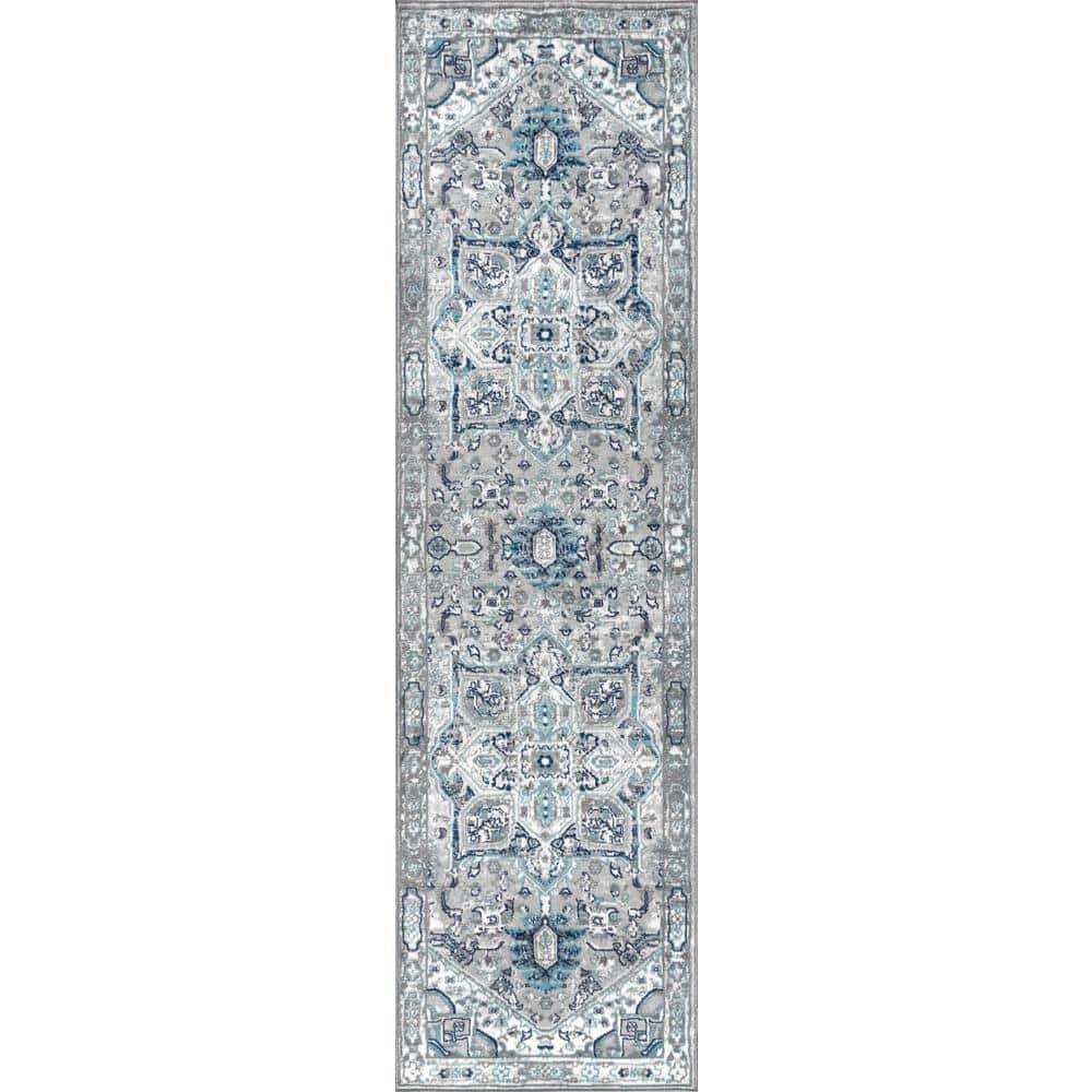 2'x8' Modern Persian Vintage Medallion Runner Rug, Light Grey/Blue - JONATHAN Y