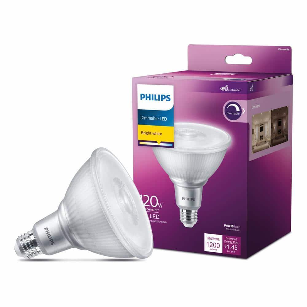 Philips LED 120W Bright White PAR38 1P: Dimmable Outdoor Flood Light Bulb, 120V, Energy Star Certified, 3000K, E26 Base