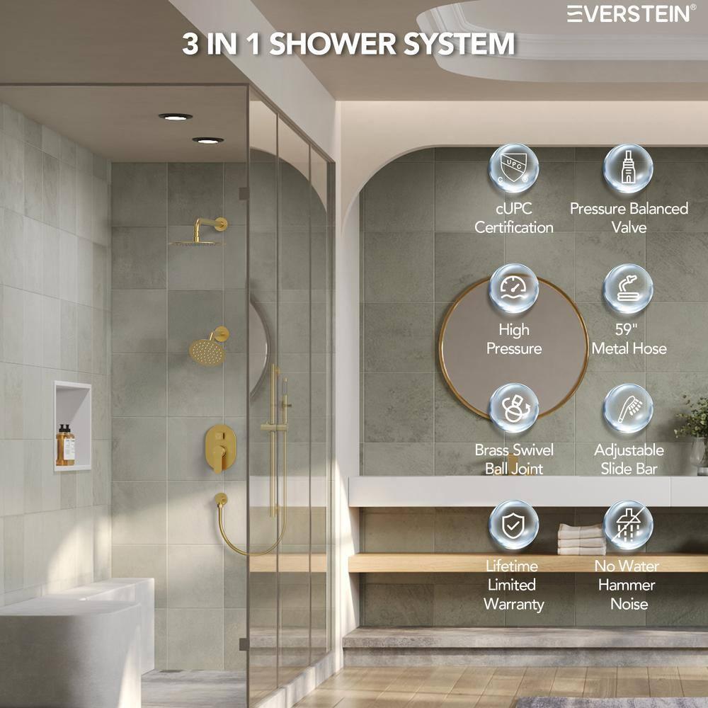 DualJetSpa 3-Function Round 10" & 6" Dual Shower Faucet System with Pressure Balancing Rough-In Valve
