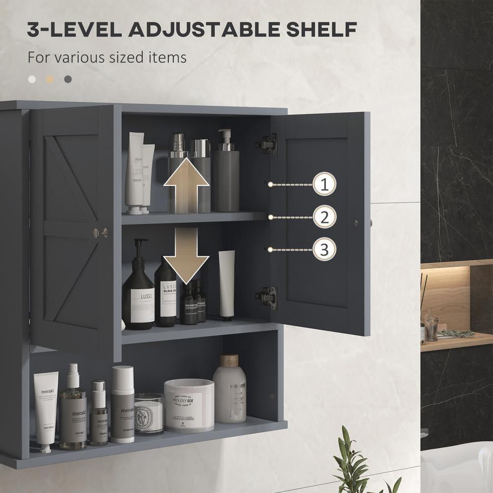 kleankin Bathroom Wall Cabinet, Farmhouse Medicine Cabinet with Open Shelf & Adjustable Shelf, Storage Cupboard for Laundry Room, Gray