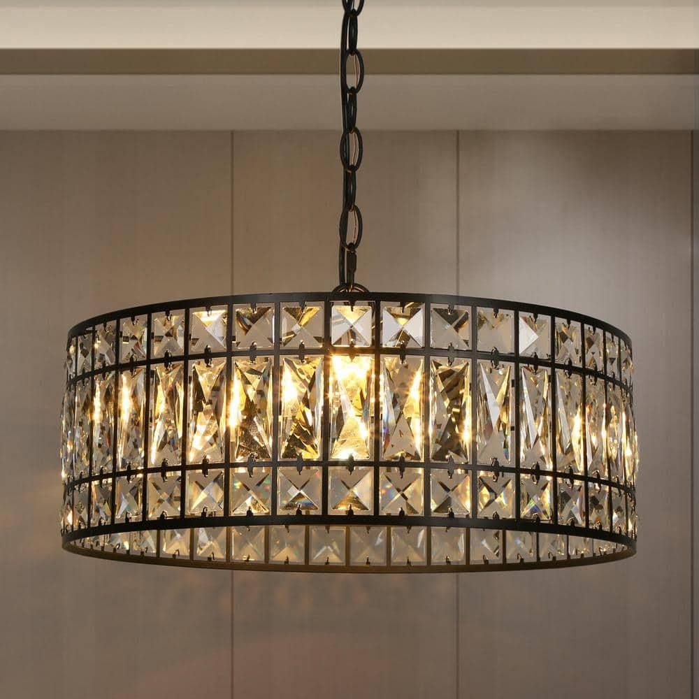 LNC Chispa 3-Light Matte Black Drum LED Dry Rated Chandelier: UL Listed, Adjustable Height, Crystal Decor