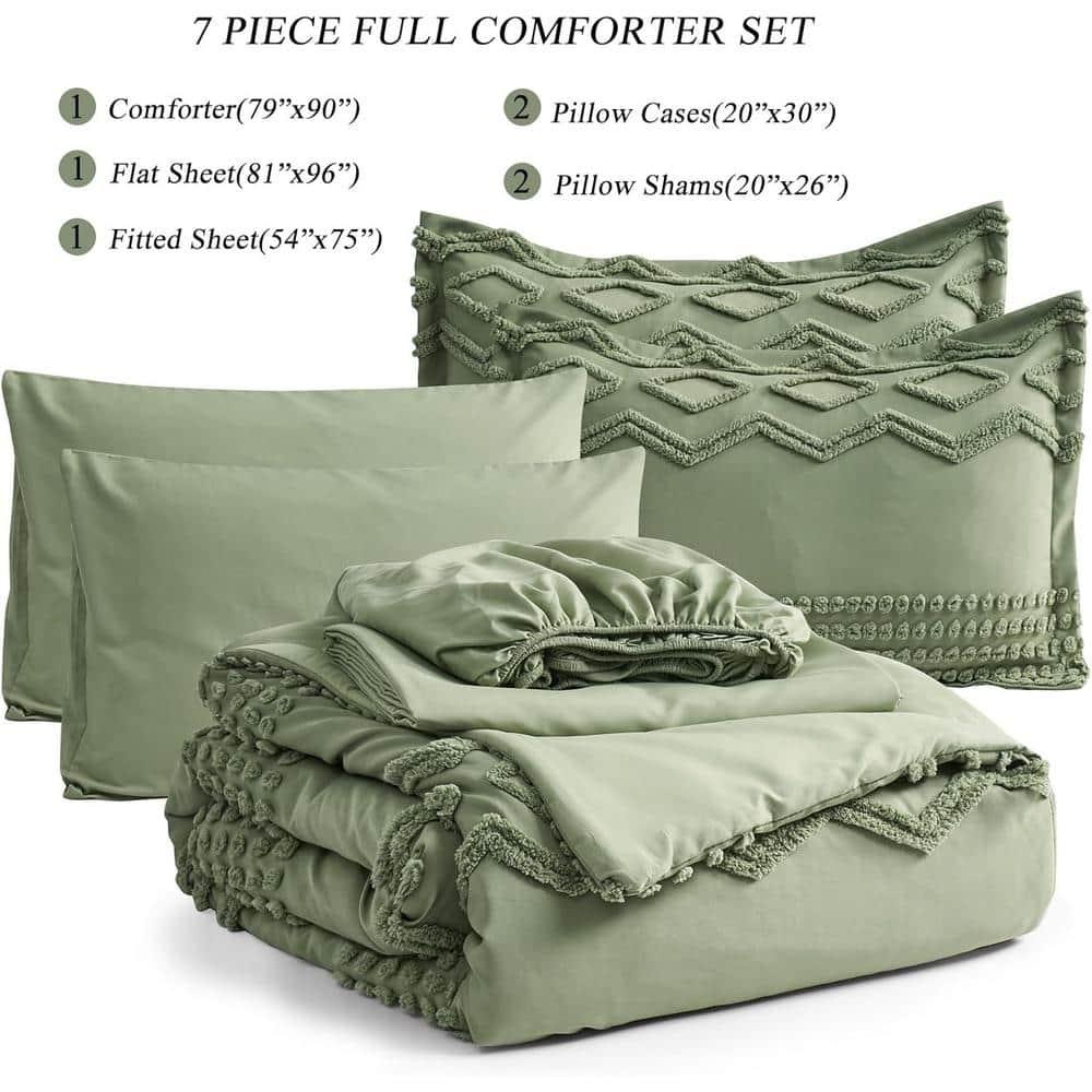 Sage Green Tufted Comforter Set Full Size 7 Piece Bed in a Bag, Shabby Chic Boho Comforter and Sheet Set, Pom Pom Textured Bed Set, All Season Soft Microfiber Complete Bedding Set (Green, Full)