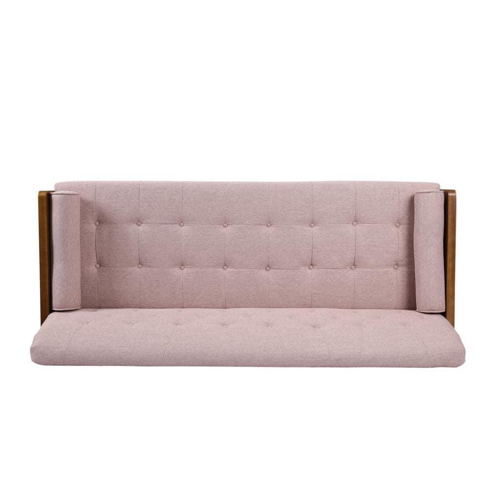 Noble House Nathanial Tufted Fabric Sofa, Light Blush and Dark Walnut