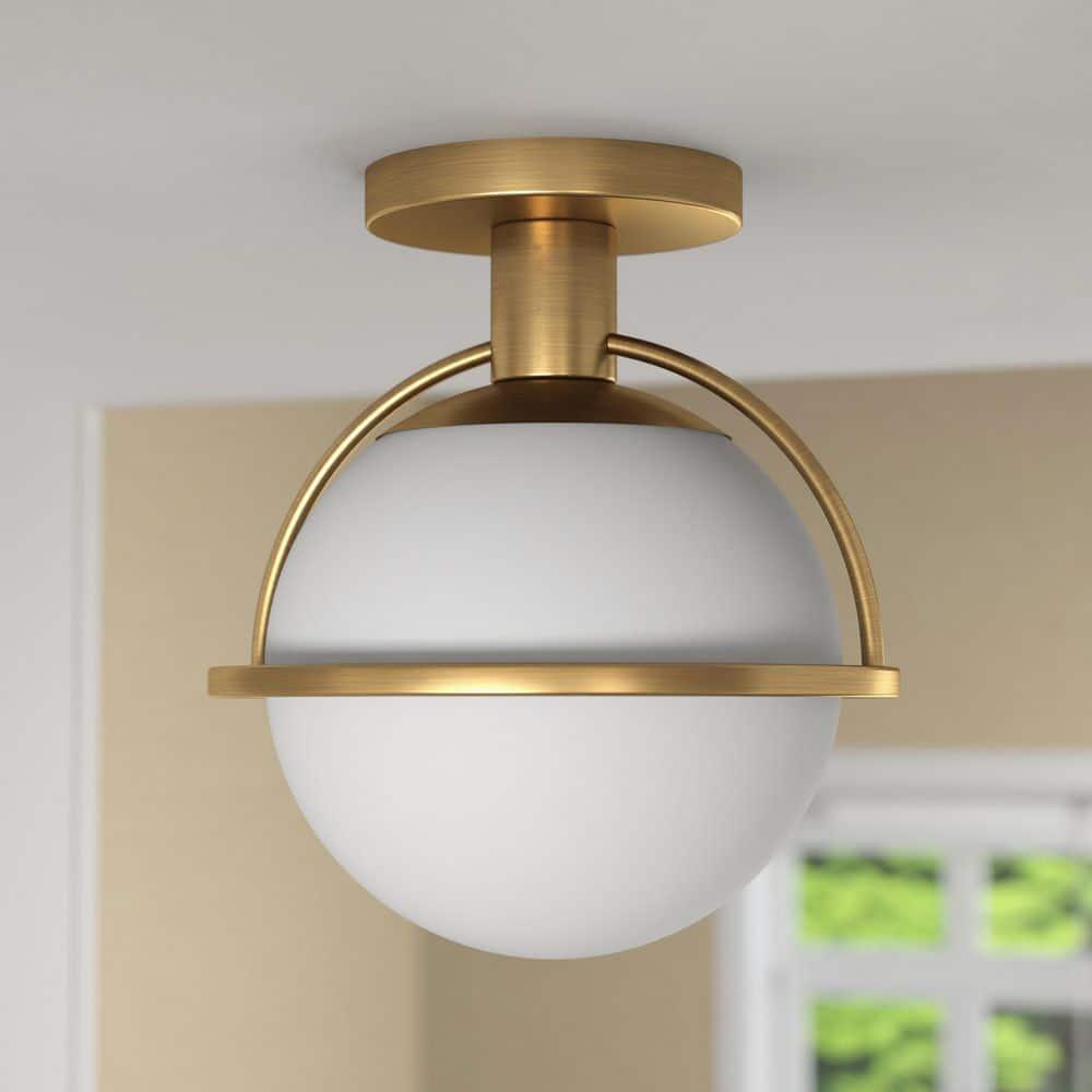 Evelyn&Zoe 9.25" Antique Brass Finish Metal/Glass Semi Flush Mount