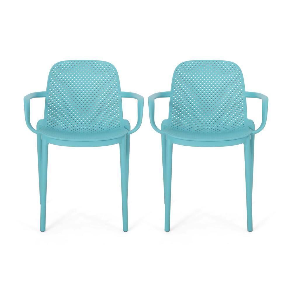 Noble House Gardenia Plastic Stacking Patio Dining Arm Chair in Teal (Set of 2)