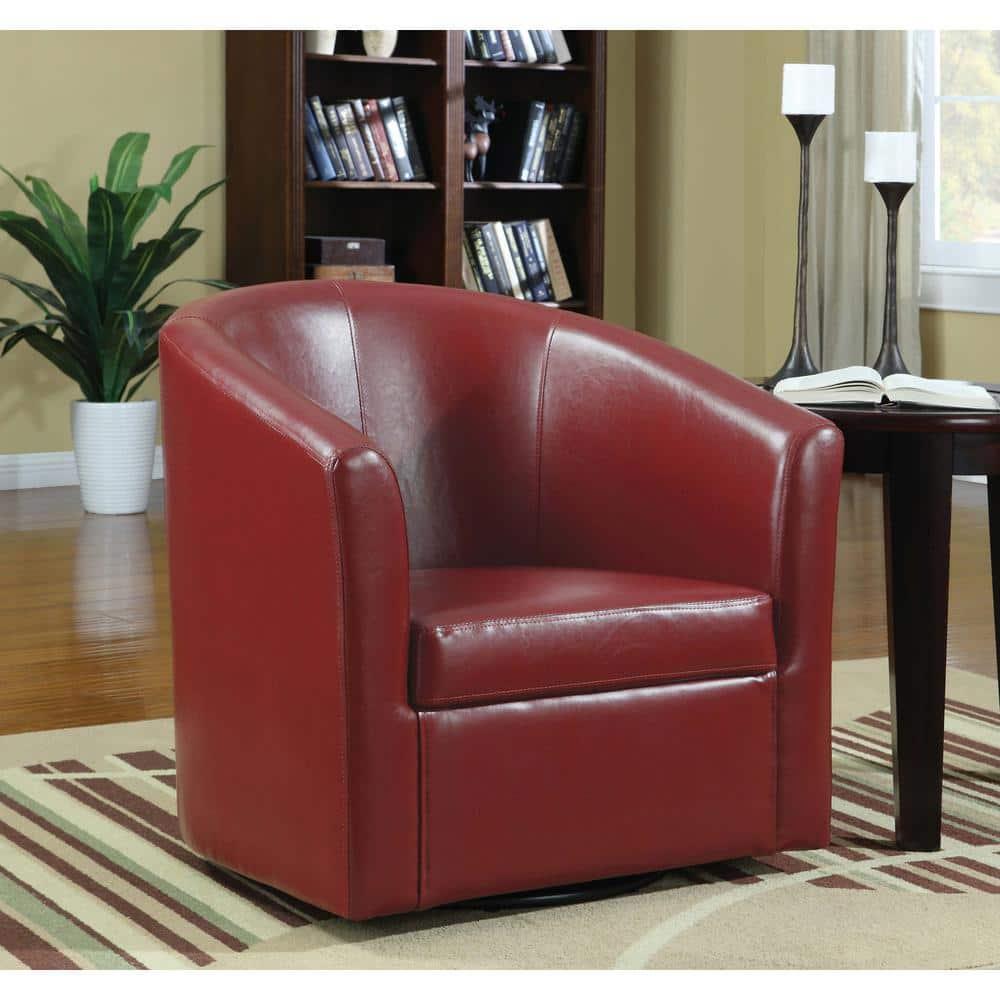 Coaster Contemporary Faux Leather Swivel Barrel Back Accent Chair in Red