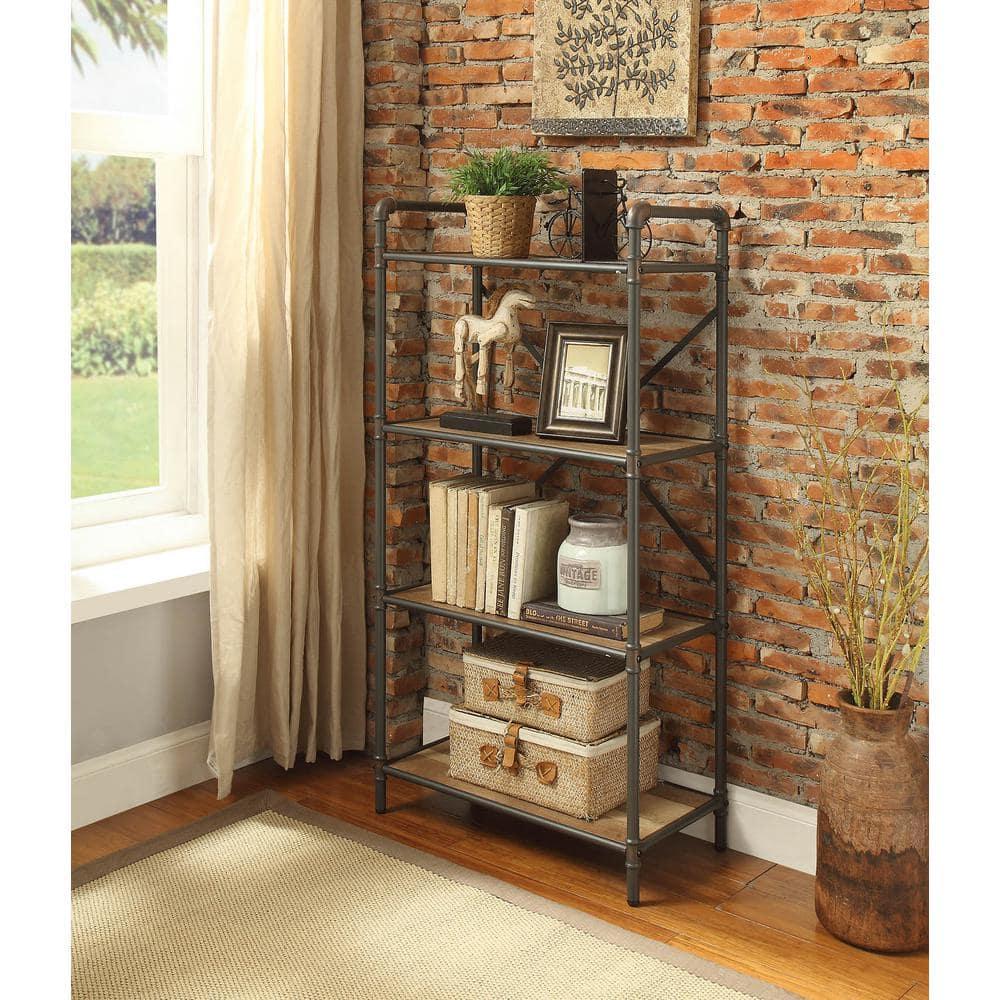 48" Itzel 4 Shelves Bookcase Antique Oak/Sandy Gray - Acme Furniture: Metal Frame, Open Back Design, Home Office Storage