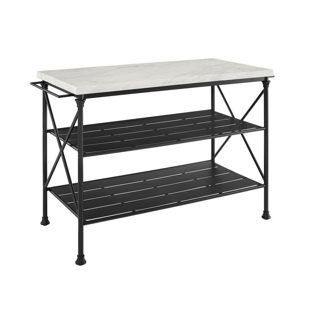 Crosley Madeleine Kitchen Island Matte Black: French Industrial Style, Steel Base, Open Storage Shelves, Towel Bars