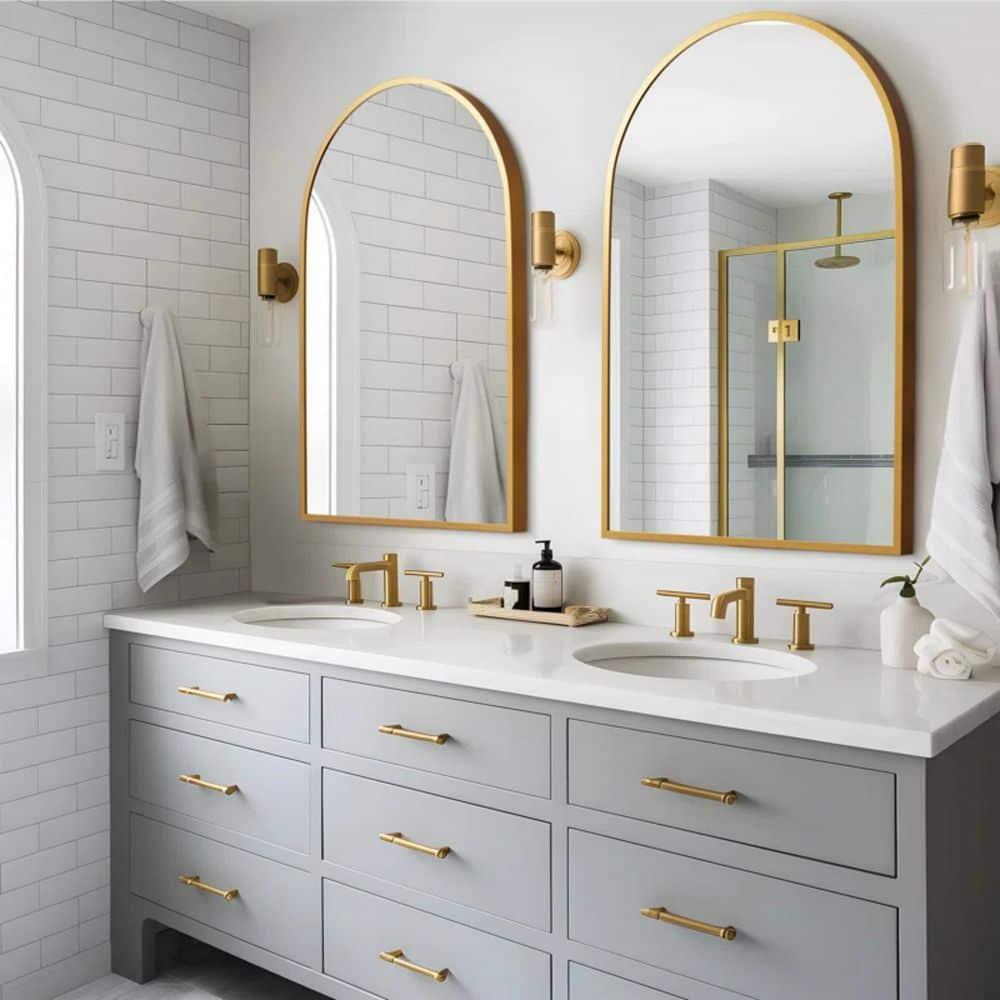 Dovelina Modern Metal Arched Wall Mirror Bathroom Vanity Mirror (Set of 2) - 24" x 36",Gold