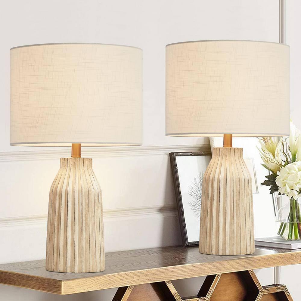 KAWOTI 24" Farmhouse Resin Table Lamp, Weathered White Table Lamp with Bamboo Pattern Shade for Bedroom