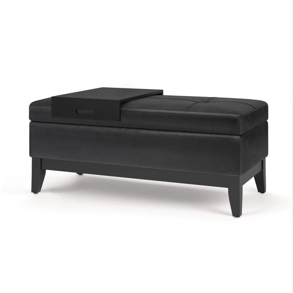 Simpli Home Oregon 42"W Upholstered Storage Ottoman Bench with Lift-Top Lid and Tray